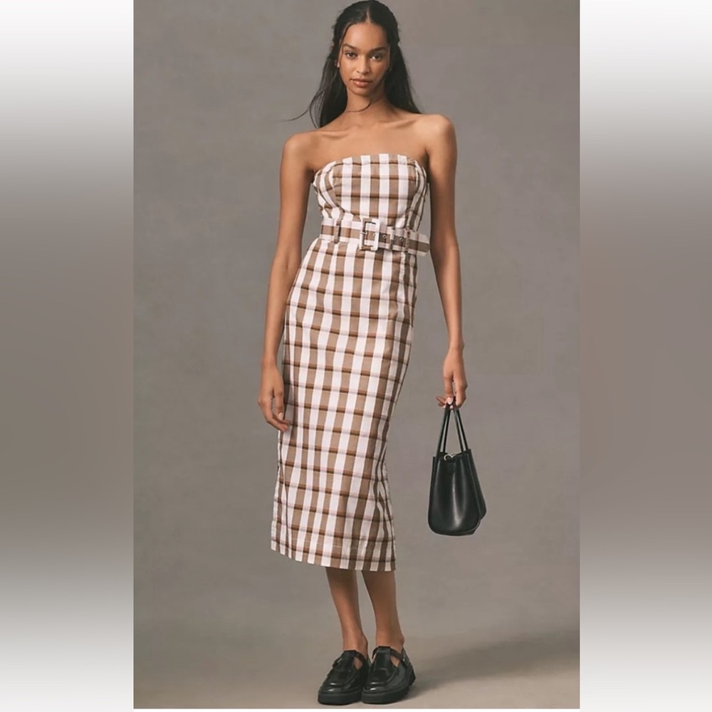 NWT Anthropologie size XL Strapless Brown & White Gingham Belted Midi Dress